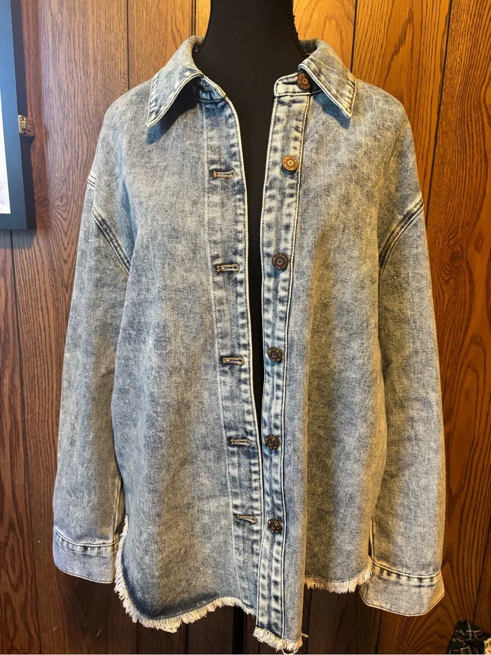 Sincerly Jules Light Wash Denim Shacket with Fringe Hem